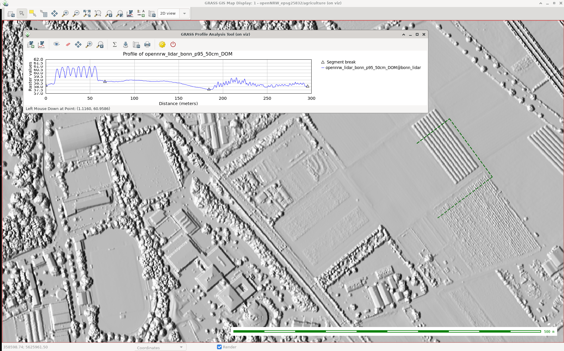 Processed LiDAR data in GRASS GIS (screenshot by @neteler)