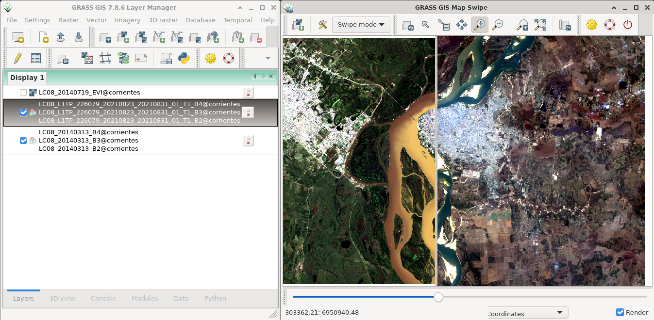 Landsat 8 scenes downloaded and imported with i.landsat toolset showing the historic drought of Parana River in Argentina (2014 right - 2021 left)