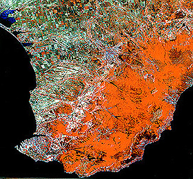 The southern part of the Crimea; red area is forested low mountains