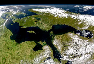 SeaWiFS wide angle view, in perspective, of the Baltic Sea and neighboring countries (north Germany, Denmark, Norway, Sweden, Finland, Russia (around St. Petersburg), Latvia, Lithuania, Estonia, and Poland.