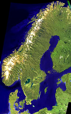 Mosaic of the Scandanavian countries made in quasi-natural color from RESURS images.