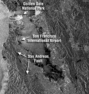 ERS-1 radar image showing San Francisco, the East Bay Cities, cities in the Peninsula, the entire San Francisco Bay and coastal ranges on either side.