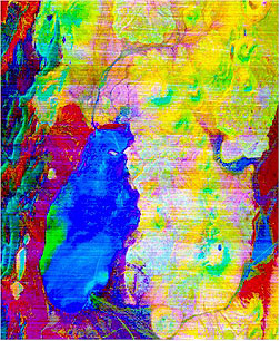 TIMS image of the Lonar Lake area in California, made using Bands 5,3,1 rendered in red, green, blue respectively.