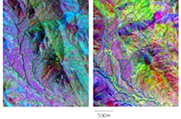 Color composites made from TIMS multibands (left) and 3 bands from an airborne multispectral scanner, covering part of the White Tank Mountains of central Arizona and adjacent valley; some of the color patterns probably relate to shadows.