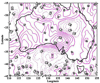 Map of geomagnetic intensity variations over Australia, using Magsat data.