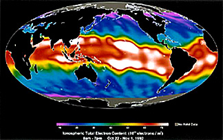 Variations in the ionosphere (maximum in the Tropics) as measured by Jason-1.
