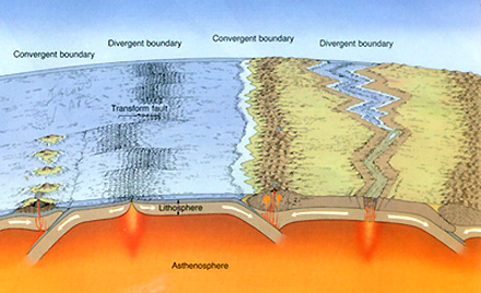 Schematic diagram summarizing the (generally accepted) theory of plate tectonics 