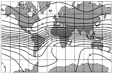 Worldwide variations in magnetic inclination for the year 1995.