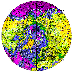Magsat intensity anomalies in the polar region of Earth's northern hemisphere.