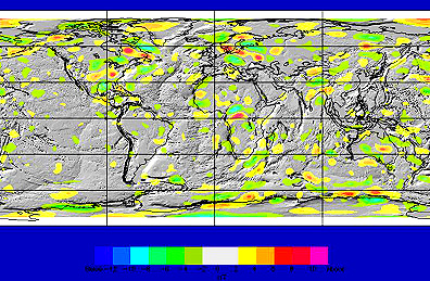 Magnetic anomalies (in nT) of large sizes on a world map; produced by Purucker.