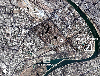 An enlargement of Quickbird imagery (4 meter resolution) show palaces and other buildings along or near the Tigris River.