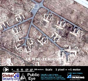 IKONOS image of the airfield at Baghram, Afghanistan, showing deployment of MIG fighters.