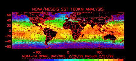 Colorized global Sea Surface Temperature map for Feb 26-27, 1999.