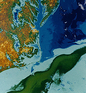 Color-coded HCMM Day-Thermal image of the Gulf Stream off of the North Carolina-Virginia coast.