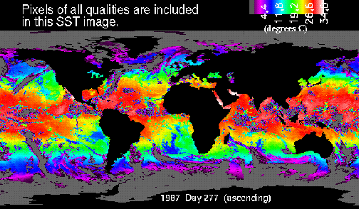 A Sea Surface Temperature (SST) map made by thermal bands on a NOAA AVHRR, covering most of the Earth’s oceans; in this and subsequent similar maps cold waters shown in purple and blue and warm waters in yellow, reds, whites. 