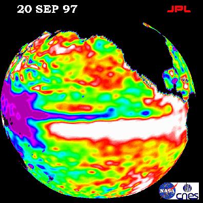 TOPEX/Poseidon map of derived oceanic temperatures (based on conversion of sea surface heights to thermal expansion) showing El Nino near its maximum on September 20, 1997.
