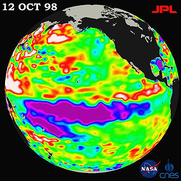 Colorized TOPEX/Poseidon image of La Nina, October 1998.