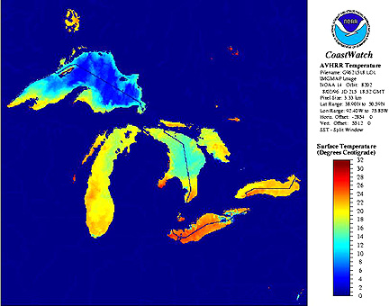 Temperature variations in the Great Lakes (reds are warm; blues cold) imaged by a NOAA AVHRR thermal band.