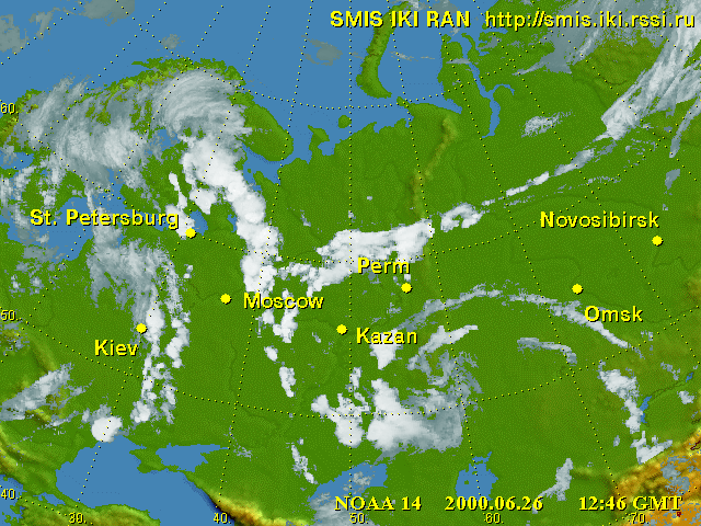 NOAA-14 AVHRR image showing clouds superposed on a color base that includes European Russia, the Ukraine, Scandinavia,  part of the Balkans, and the western portion of Siberia; June 26, 2000.