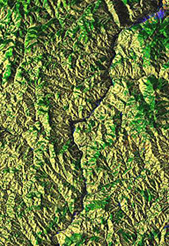 SPOT image showing the Arroux River valley and the areas where the archaeological research has been conducted.