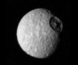 Voyager 1 view of Saturn’s Mimas - the "Death Star" with its large Crater Herschel.