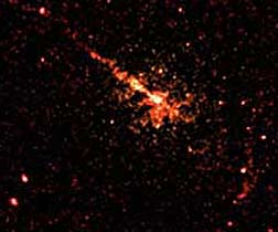 A jet of material associated with high energy x-rays coming from Centaurus A, as detected by the Chandra X-Ray spacecraft.