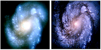 Hubble images of the M100 galaxy before (left) and after repair of the Wide Field Planetary Camera.