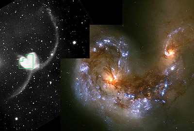 Image pair of the Antennae galaxy - one from a ground-based telescope and one from the Hubble Space Telescope.