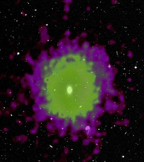 Gas in the halo of Galaxy cluster NGC4325; visible image through an optical telescope; X-ray image from XMM-Newton.