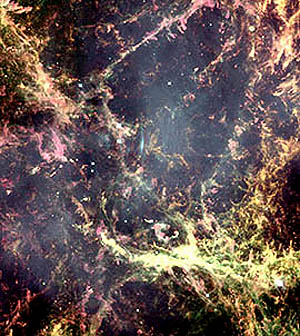 Gaseous filaments within the Crab Nebula in an excited state rendering them luminous as seen in this HST image.