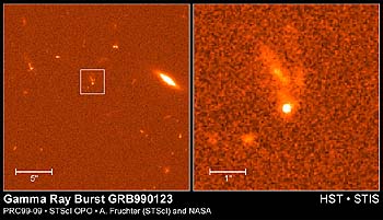 HST’s optical image showing a huge outburst of gamma rays from a possible hypernova; over a month’s time the output dropped significantly (left).