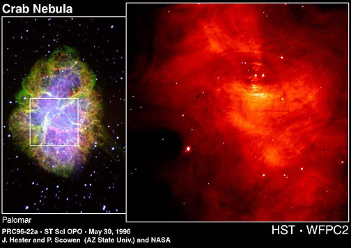 Image pair of the Crab Nebula showing an image from the Palomar telescope and an enlarged section of the nebula taken by the Hubble Space Telescope.