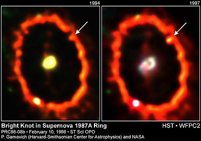 HST has imaged changes between 1994 and 1998 in the supernova ring 1984A; the central core has dissipated somewhat and a bright (yellow) knot has formed in the ring.