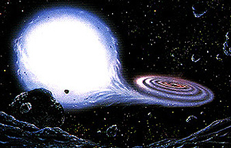 Artist's conception of gaseous hydrogen being removed from a larger star by the strong gravitational attraction exerted by a nearby White Dwarf, resulting in an accretion disk about the Dwarf.