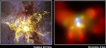 NGC6240; Left: HST visible light image; Right: Chandra X-ray satellite image, with a pair of Black Holes at the centers of the blue high intensity X-ray emissions.