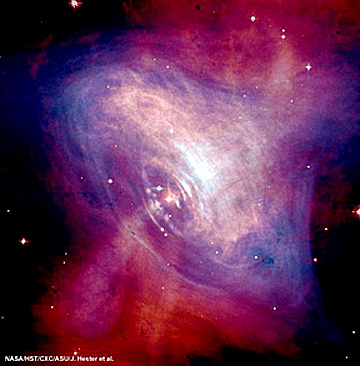 A composite image of the Crab Nebula made by combining the above image with a visible light image made by the HST.