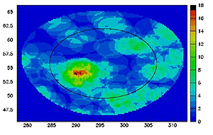 A CGRO BATSE image of GRB980329 that was monitored on April 17, 1997; its peak output lasted 8 seconds.