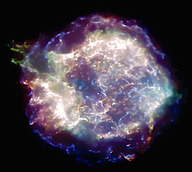 Cassiopeia A, a supernova visualized here by coloring x-ray levels as determined by the Chandra X-Ray Telescope.