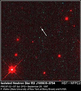 A tiny neutron star (arrow), the first ever detected by the HST.