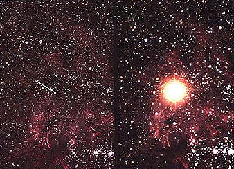 Optical telescope image of stars in the Large Magellanic Cloud (left), one of which (arrow) became a large, brilliant supernova in 1987.