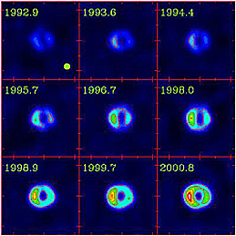 Sequential observations of SN1987A in which variations in luminosity have been density-sliced to showing its gradual decline in brilliance; in this rendition blue has been assigned to highest luminosity and red to lowest.