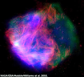 SN49 in the LMC; reds denote hydrogen excitation, green = oxygen; blue = sulphur.