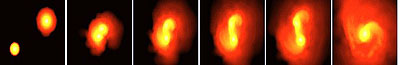 Simulated sequence showing the stages of collision of two stars of similar size.