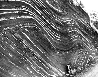 Folds in volcanic ash in a Japanese deposit; at least two periods of successive folding are evident.