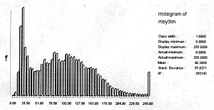  Histogram of Band 3 data after a linear stretch was applied.