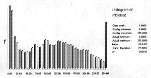 In the linear with saturation mode of stretch all DN values at the lowest and highest 5% intervals are lumped into single values, so that there are peaks at either end of the histogram.