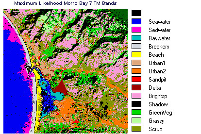  Maximum Likelihood 7 band classification of the Morro Bay scene, specifying 15 classes (some different than previous examples) and assigning different colors to many of those used before. 