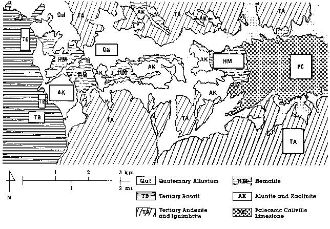 Geologic map, adapted from Stringham and Brooke, of the White Mountain alteration zones.