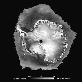A mosaic of the entire Antarctic continent consisting of radar images from the NASA Scatterometer.