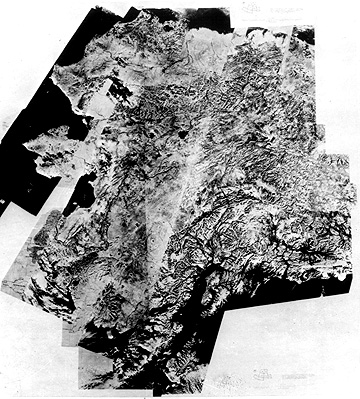 Black and white Landsat mosaic of most of Alaska, made by the Soil Conservation Service.